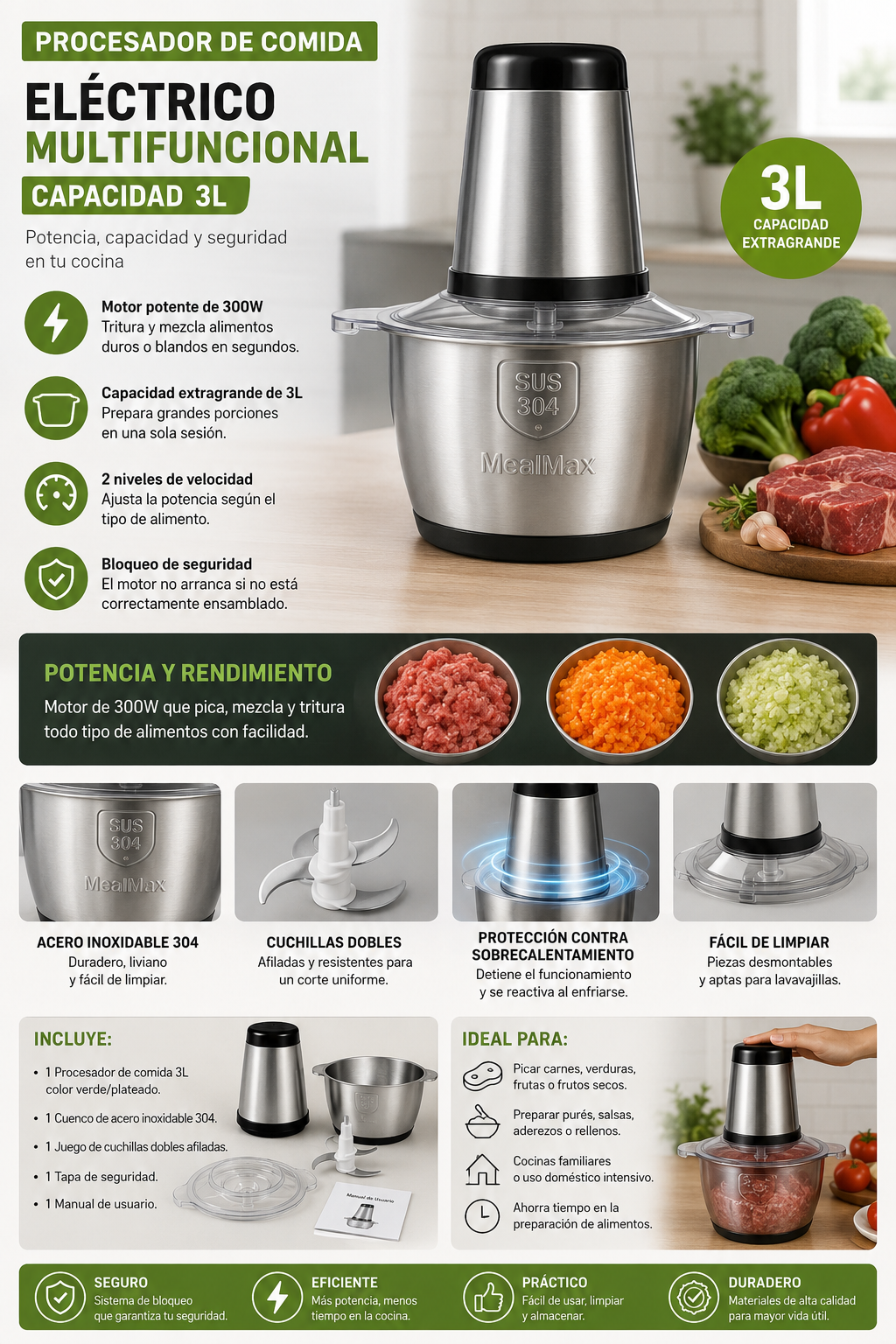 Molino Pica Todo Eléctrico A607 de 3 Litros | 300W de Potencia | Acero Inoxidable 304 | Ideal para Carnes, Verduras y Más
